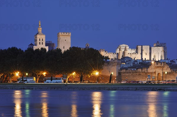 Papal Palace and Notre-Dame des Doms Cathedral at night, Avignon, Vaucluse, Provence-Alpes-Cote d'Azur, South of France, France, Europe