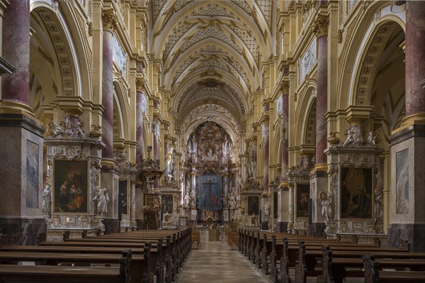 Nave with the Lenten cloth in front of the high altar, Ebrach Abbey, former Cistercian abbey, Ebrach, Lower Franconia, Bavaria, Germany, Europe