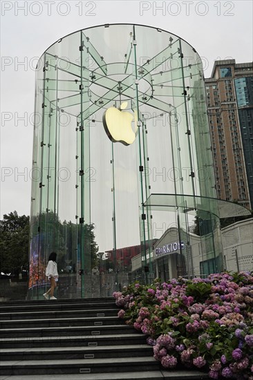 Stroll in Chongqing, Chongqing Province, China, Asia, Apple Store with a striking glass construction and illuminated logo, Chongqing, Asia