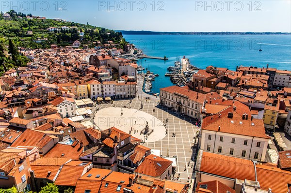 View from the bell tower over Piran and Tartin Square, harbour town of Piran on the Adriatic coast with Venetian flair, Slovenia, Piran, Slovenia, Europe