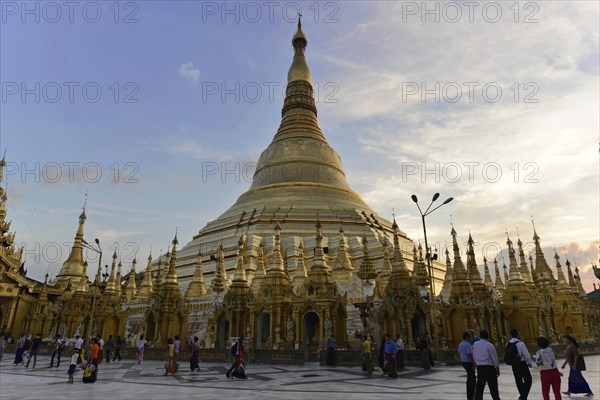 Shwedagon Pagoda, Yangon, Myanmar, Asia, Tourists and believers around the shining Shwedagon Stupa, Asia