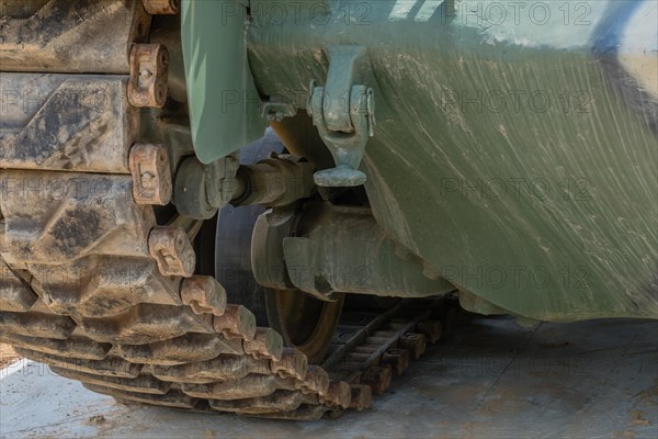 Front inside view of tracks on tank used in Korean war on display in public park in Nonsan, South Korea, Asia