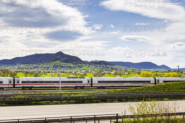 New railway line from Wendlingen to Ulm, Stuttgart21. Section of track near Kirchheim unter Teck with Burg Teck ICE, Kirchheim unter Teck, Baden-Wuerttemberg, Germany, Europe