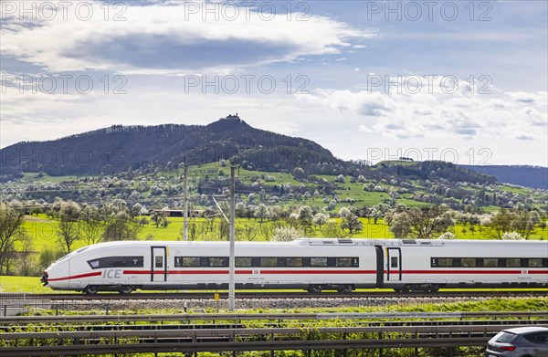 New railway line from Wendlingen to Ulm, Stuttgart21. Section of track near Kirchheim unter Teck with Burg Teck ICE, Kirchheim unter Teck, Baden-Wuerttemberg, Germany, Europe