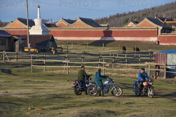 Mongolian men on motorbikes, Amarbayasgalant Monastery, Selenge Aimak, Selenge Province, Mongolia, Asia
