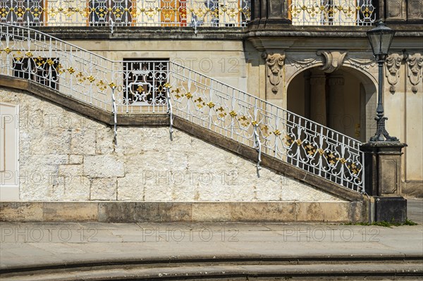 Architectural details of Pillnitz Castle on the edge of the Elbe cycle path in Pillnitz, Dresden, Saxony, Germany, Europe