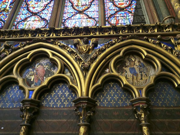 Paris 1er arr. The Holy Chapel (Sainte Chapelle) built on the Ile de la Cite at the request of Saint Louis, Medallions located on the arcatures. Ile de France. France