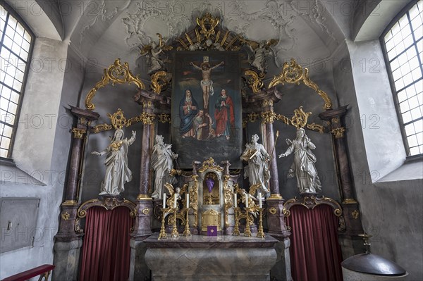 Historic Lenten cloth in front of the main altar, made in 1726, Ochsenfurt-Hohestadt, Lower Franconia, Bavaria, Germany, Europe