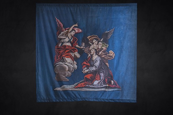 Historic Lenten cloth, made in 1726, on a black background, parish church of St Nicholas, Gundelsheim, Baden-Wuerttemberg, Germany, Europe