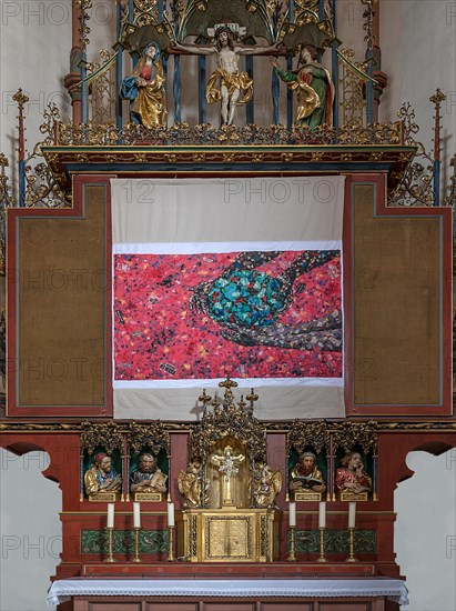 Modern hunger cloth, Lenten cloth in front of the main altar, designed by Misereor, St Martin, Tauberbischoffsheim, Baden-Wuerttemberg, Germany, Europe