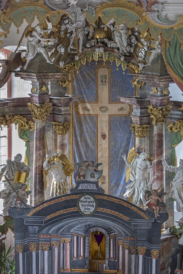 Historical Lenten Shroud, somewhat concealed by the Holy Sepulchre, St Wendelin, Kirchenweg 8, Eyershausen, Lower Franconia, Bavaria, Germany, Europe