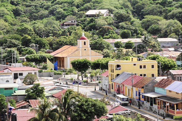 San Juan del Sur, Nicaragua, Detailed view of a lively place with a church, people and city life, Central America, Central America