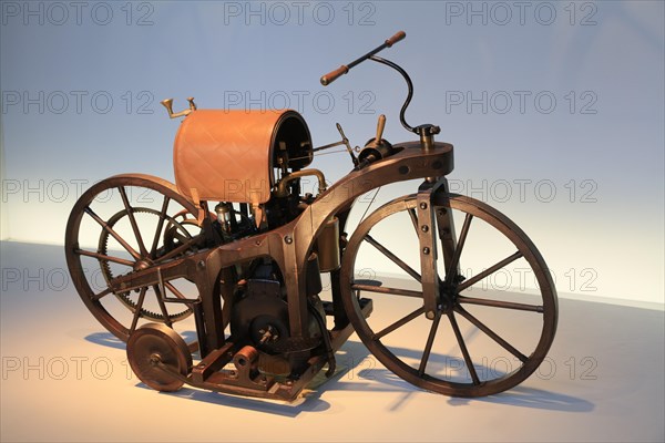 Replica Daimler riding carriage from 1885, the world's first motorbike, Mercedes-Benz Museum, Stuttgart, Baden-Wuerttemberg, Germany, Europe