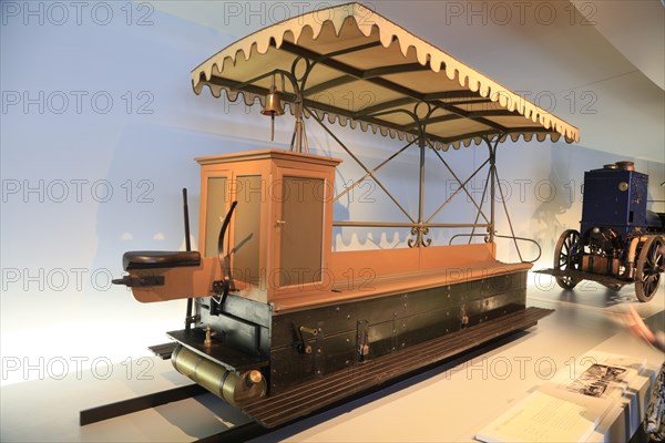 Motorised narrow-gauge tram Daimler Motor-Waggonet from 1891, Mercedes-Benz Museum, Stuttgart, Baden-Wuerttemberg, Germany, Europe