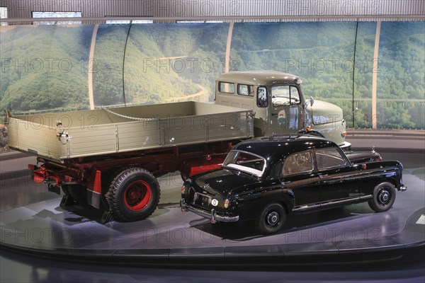 Mercedes-Benz 180 Pontomercedes and Mercedes-Benz LK 338 tipper, Mercedes-Benz Museum, Stuttgart, Baden-Wuerttemberg, Germany, Europe