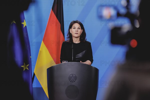 Annalena Baerbock (Alliance 90/The Greens), Federal Foreign Minister, photographed during a joint press conference with Ayman Safadi (not pictured), Foreign Minister of Jordan, after a joint meeting in Berlin, 16 April 2024 / Photographed on behalf of the Federal Foreign Office