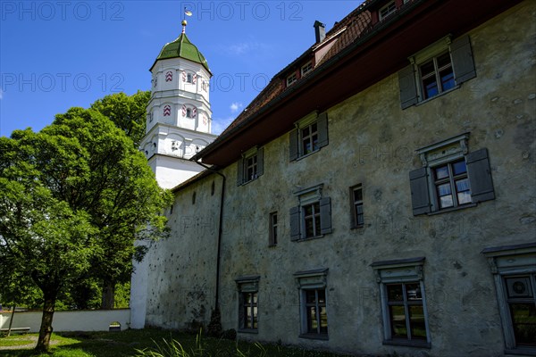 The Powder Tower, a preserved tower from around 1400 in the medieval town wall of the old town of Wangen im Allgaeu, Upper Swabia, Baden-Wuerttemberg, Germany, Europe