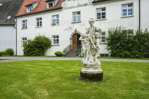 Sculpture group in front of the art gallery of Isny Castle, formerly St George's Monastery, Isny im Allgaeu, Baden-Wuerttemberg, Germany, Europe