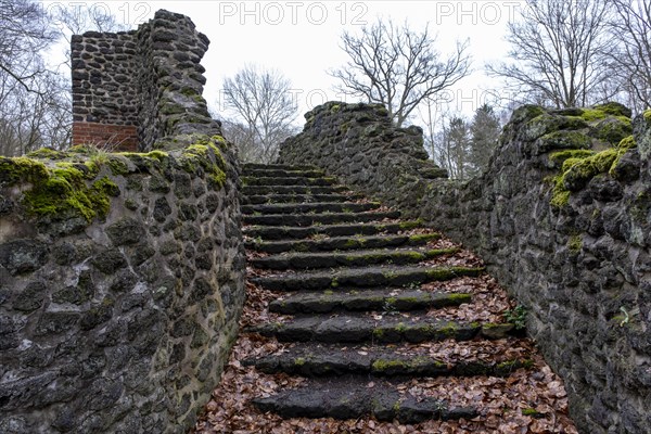 Stone staircase at the grotto in Ludwigslust Palace Park, built in 1788 by court architect Johann Joachim bush as an artificial ruin made of turf ice stone (Klump), served as a backdrop for court festivals and at times as an ice cellar, Ludwigslust, Mecklenburg-Vorpommern, Germany, Europe