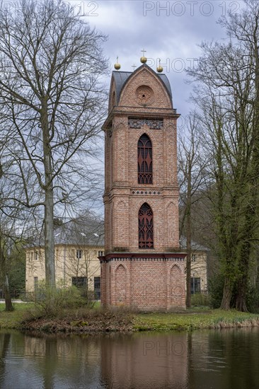 Separate bell tower of the Catholic Church of St Helena in Ludwigslust Palace Park, built around 1817 by court architect Johann Christian Georg Barca, Ludwigslust, Mecklenburg-Vorpommern, Germany, Europe