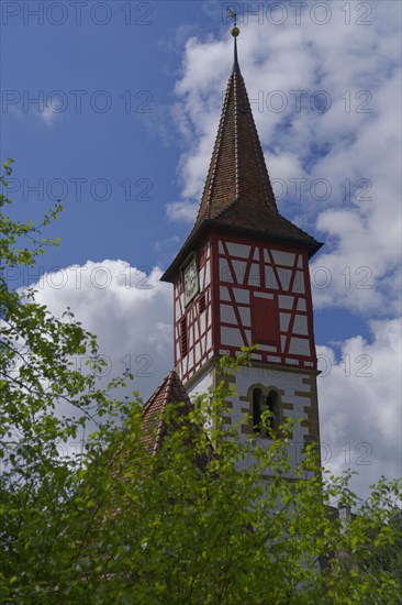 St. Urban's Church, St. Urban, half-timbered tower, church tower, church clock, clock, clock face, hands, church service, religion, Protestant, Schwaebisch Hall, Kochertal, Kocher, Hohenlohe, Heilbronn-Franken, Baden-Wuerttemberg, Germany, Europe