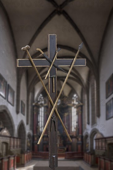 Cross with Jesus' instruments of torture for the procession for 350 years, St Johanniskirche, Neunkirchen am Brand, Middle Franconia, Bavaria, Germany, Europe