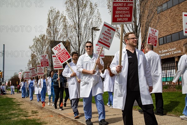 Detroit, Michigan USA, 18 April 2024, Doctors in the emergency room at Ascension St. John Hospital began a one-day strike to protest understaffing and unsafe conditions. The emergency room is operated by Team Health, which is owned by the private equity firm Blackstone. The 43 emergency doctors, physician assistants, and nurse practitioners organized the Greater Deroit Association of Emergency Physicians nearly a year ago