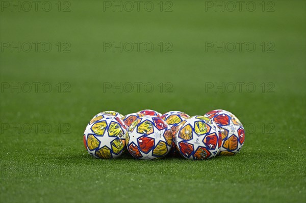 Adidas Champions League match balls on grass, Allianz Arena, Munich, Bavaria, Germany, Europe