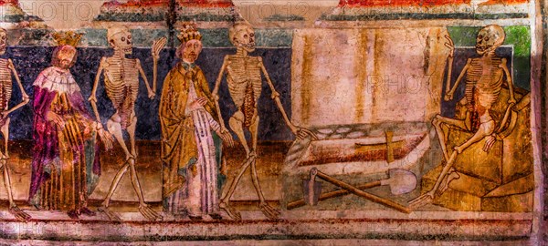 Dance of Death on the south wall, the equality of all people in front of death, Gothic frescoes from 1490, a highlight of medieval wall painting, by Johannes von Kastav, Romanesque Church of the Holy Trinity, 15th century, Hrastovlje, Slovenia, Hrastovlje, Slovenia, Europe