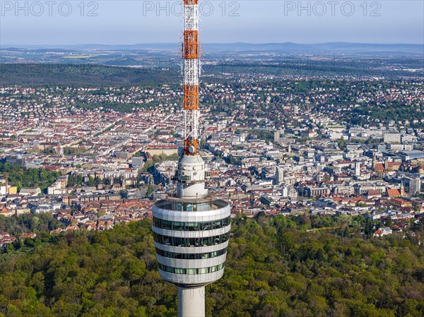 TV tower, world's first reinforced concrete tower, landmark and sight of the city of Stuttgart and official cultural monument, panoramic photo, drone photo, view of the city centre with collegiate church, Old Palace, New Palace, main railway station, Stuttgart, Baden-Wuerttemberg, Germany, Europe