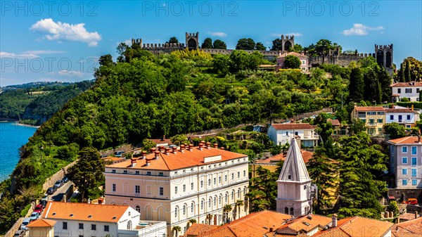 View from the bell tower over Piran with city walls and castle, harbour town of Piran on the Adriatic coast with Venetian flair, Slovenia, Piran, Slovenia, Europe