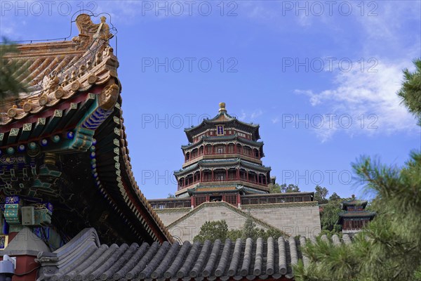 New Summer Palace, Beijing, China, Asia, Pagoda in classical Chinese style rises into the sky blue sky, Beijing, Asia