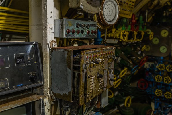 Old dilapidated gauges, dials and switch panels on board submarine on display at Unification Park in Gangneung, South Korea, Asia