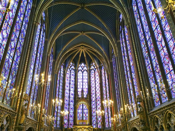 Paris 1er arr. Stained glass of the Holy Chapel (La Sainte Chapelle) built on the Ile de la Cite at the request of Saint Louis, Ile de France. France