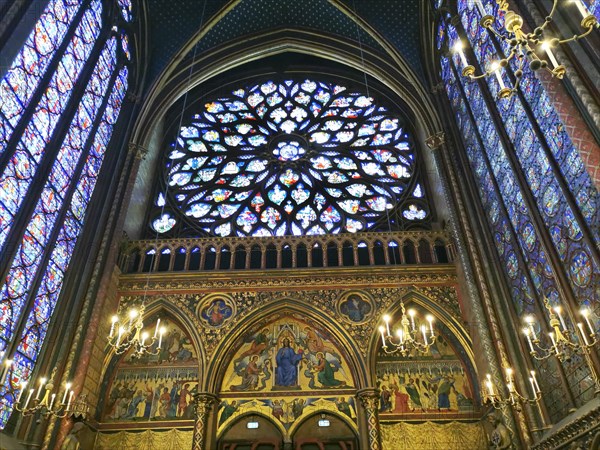 Paris 1er arr. The Rose window stained glass of the Holy Chapel (La Sainte Chapelle) . Ile de France. France