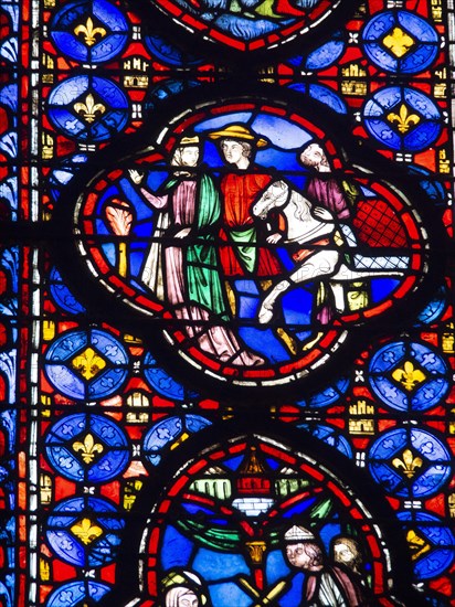 Paris 1er arr. Stained glass of the Holy Chapel (La Sainte Chapelle) built on the Ile de la Cite at the request of Saint Louis, Ile de France. France