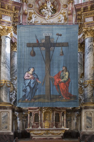 Historic Lenten cloth, around 1750, in front of the altar, St Roch's Monastery Church, Ebrach, Lower Franconia, Bavaria, Germany, Europe