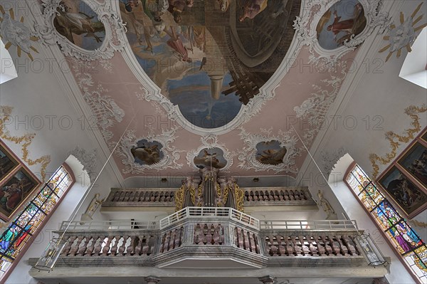 Organ from 1860 with stucco ceiling from around 1750, St Wendelin, built around 1750, Eyershausen, Lower Franconia, Bavaria, Germany, Europe