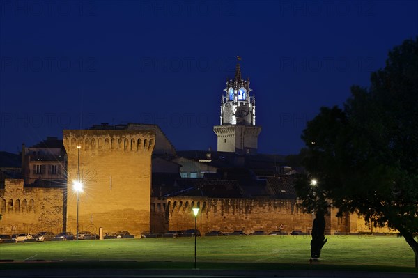 Old city wall and town hall tower at night, Avignon, Vaucluse, Provence-Alpes-Cote d'Azur, South of France, France, Europe