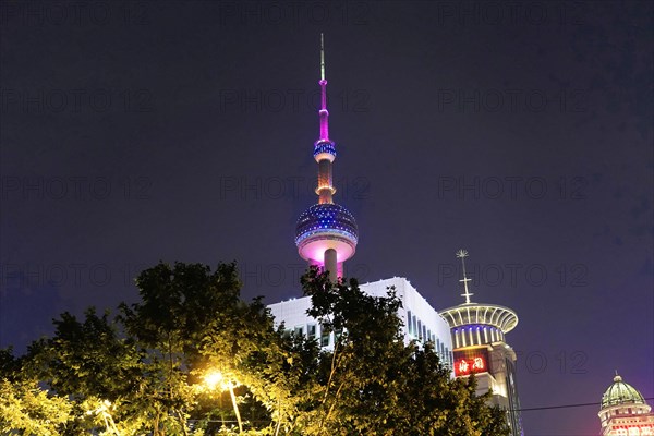 Skyline of Shanghai at night, China, Asia, An illuminated television tower at night behind trees in an urban area, Shanghai, Asia
