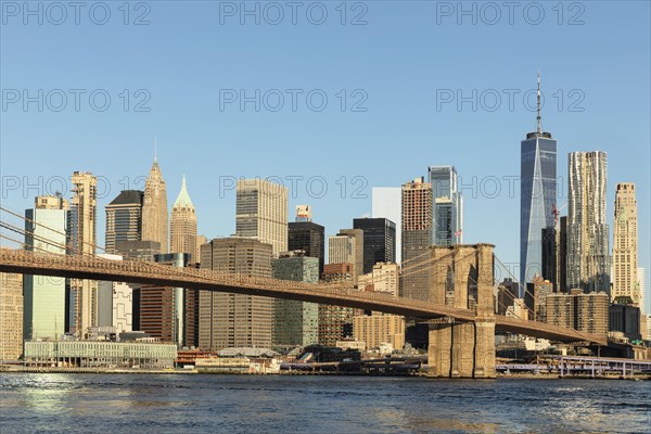 Skyline of downtown Manhattan with One World Trade Centre and Brooklyn Bridge, New York City, New York, USA, New York City, New York, USA, North America