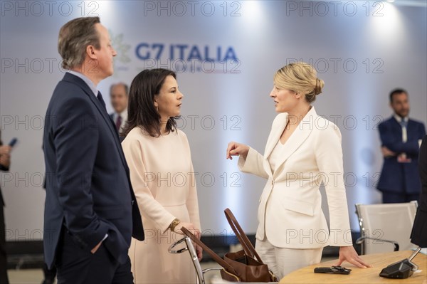 David Cameron, Foreign Secretary of the United Kingdom, Annalena Baerbock (Alliance 90/The Greens), Federal Foreign Minister, and Melanie Joly, Foreign Minister of Canada, photographed during the First Working Session of the G7 Foreign Ministers' Meeting in Capri, 18 April 2024. Photographed on behalf of the Federal Foreign Office