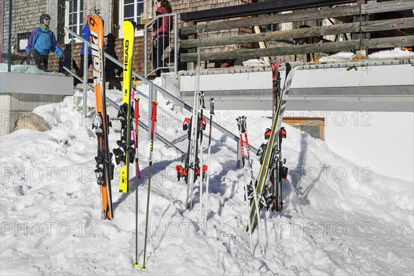 Ski equipment in front of the Edmund-Probst-Haus on the Nebelhorn, Oberstdorf, Allgaeu, Swabia, Bavaria, Germany, Oberstdorf, Bavaria, Germany, Europe