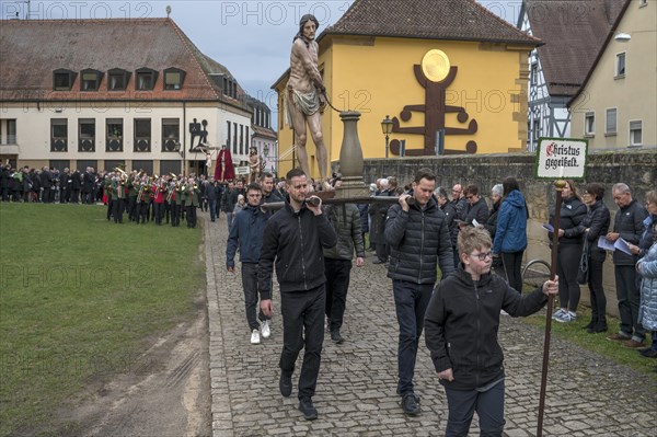 Historic Good Friday procession for 350 years with life-size wood-carved figures from the 18th century, Neunkirchen am Brand, Middle Franconia, Bavaria, Germany, Europe