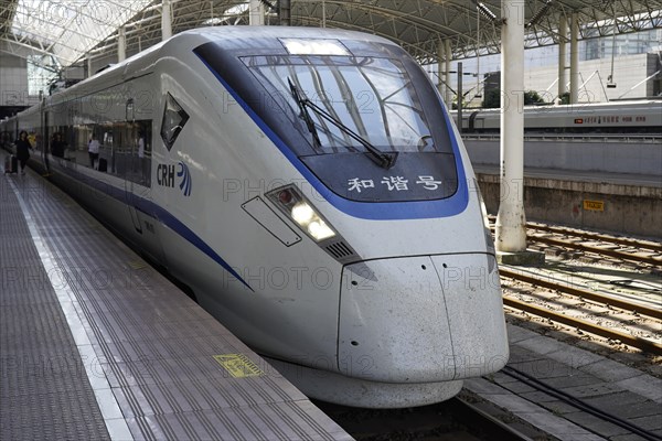 High-speed trains, CRH on the platform, Hongqiao station, Shanghai, China, Asia, A white and blue high-speed train stands on a modern station platform, Yichang, Hubei province, Asia