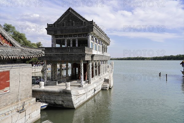 New Summer Palace, Beijing, China, Asia, Marble boat 'Shi Fang', Beijing, Side view of a marble boat on a lake, embedded in traditional Chinese architecture, Asia