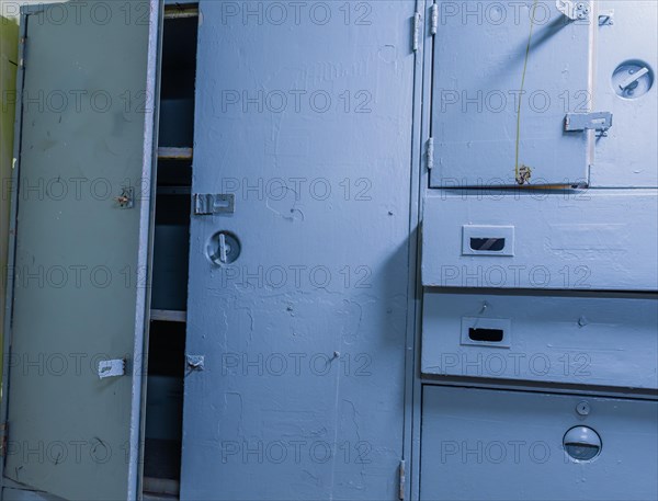 Cabinet and drawers in sailor's cabin on board battleship at Unification Park in Gangneung, South Korea, Asia