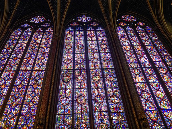 Paris 1er arr. Stained glass of the Holy Chapel (La Sainte Chapelle) built on the Ile de la Cite at the request of Saint Louis, Ile de France. France
