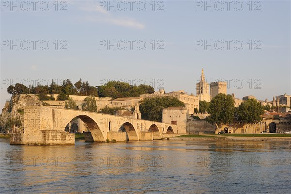 Pont Saint Benezet bridge, Palais des Papes and Notre-Dame des Doms cathedral, Avignon, Vaucluse, Provence-Alpes-Cote d'Azur, Southern France, France, Europe