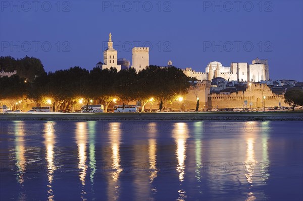 Papal Palace and Notre-Dame des Doms Cathedral at night, Avignon, Vaucluse, Provence-Alpes-Cote d'Azur, South of France, France, Europe